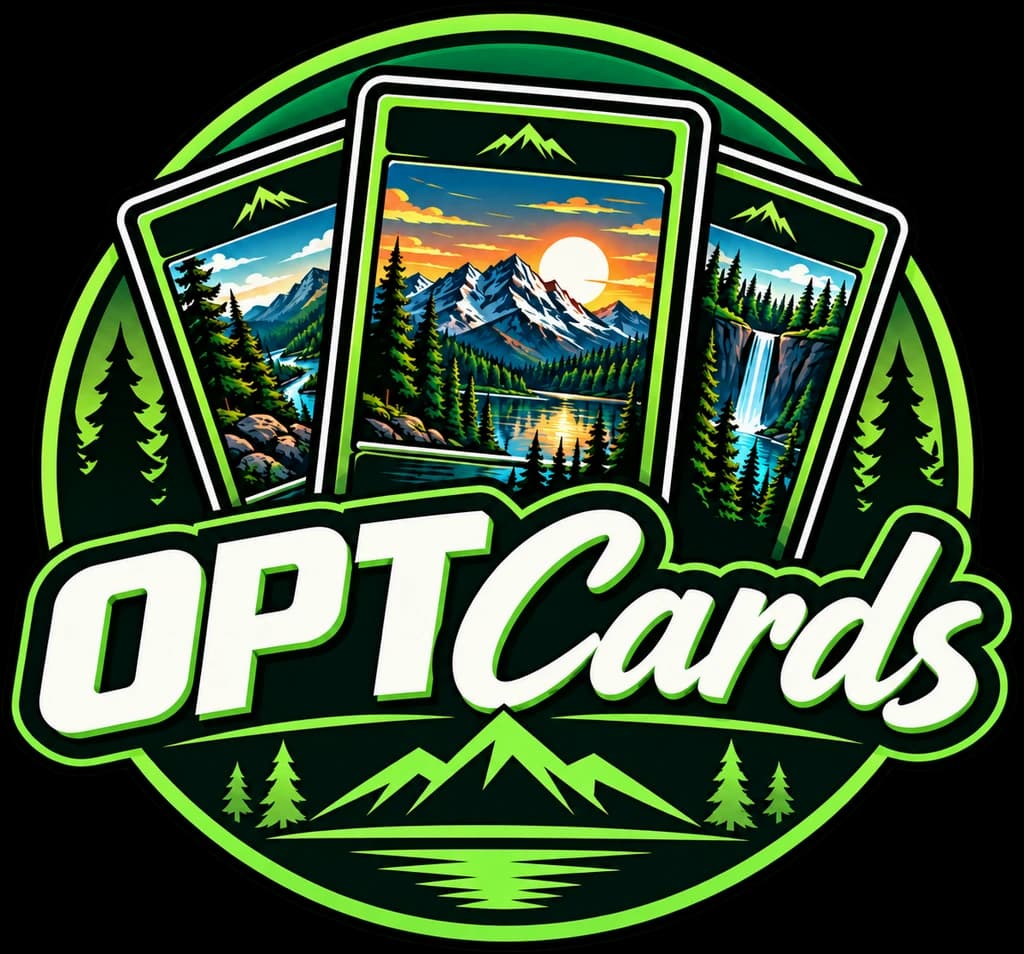 OPTCards badge logo: three trading cards showing mountain, lake and waterfall scenes, framed by pines
