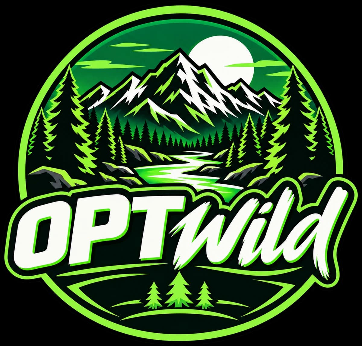 OPTWild badge logo: a snow-capped mountain range above a pine forest and a river, under a full moon
